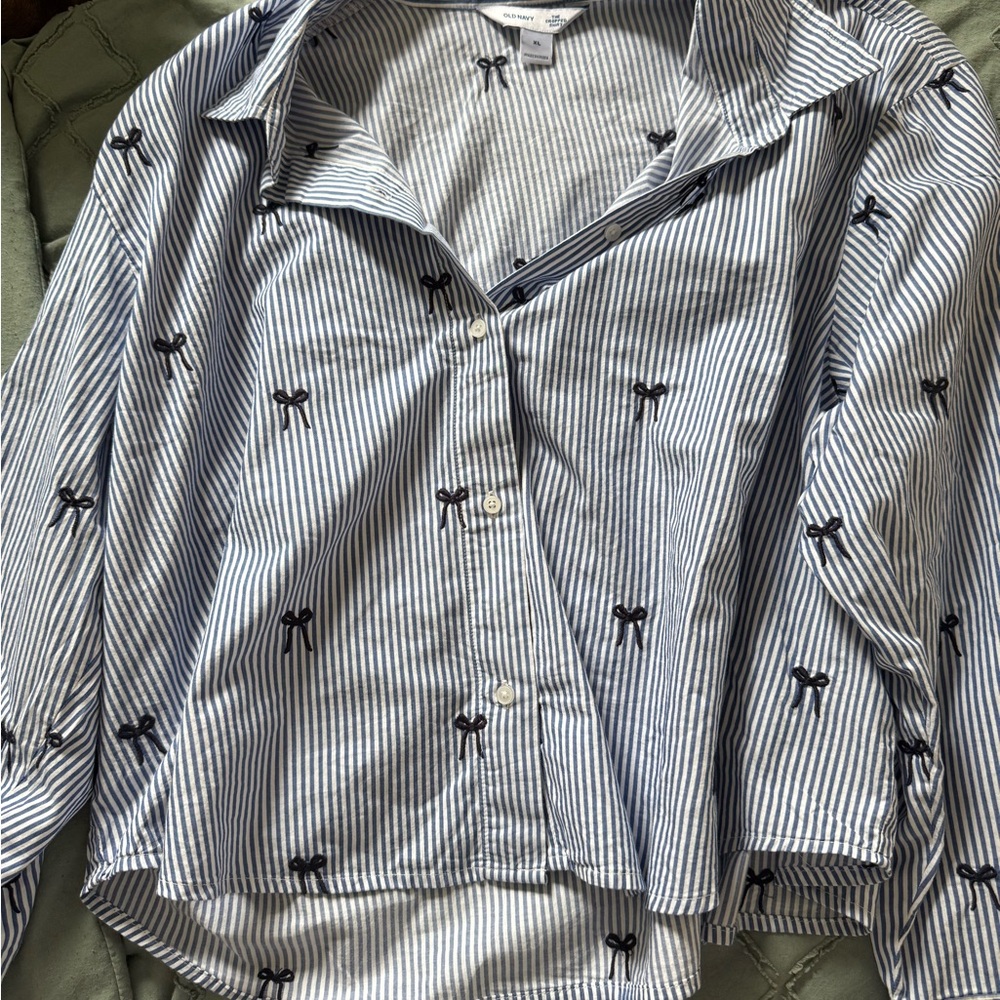 Old Navy Blue and White Striped Cropped Shirt